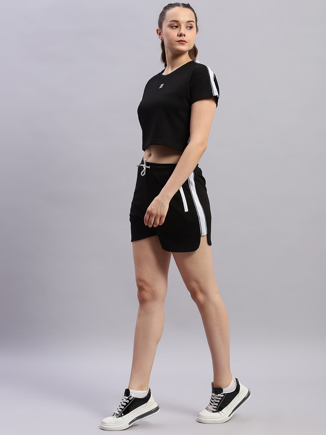 Rock.it Women Black Solid Round Neck Half Sleeve Cords Set