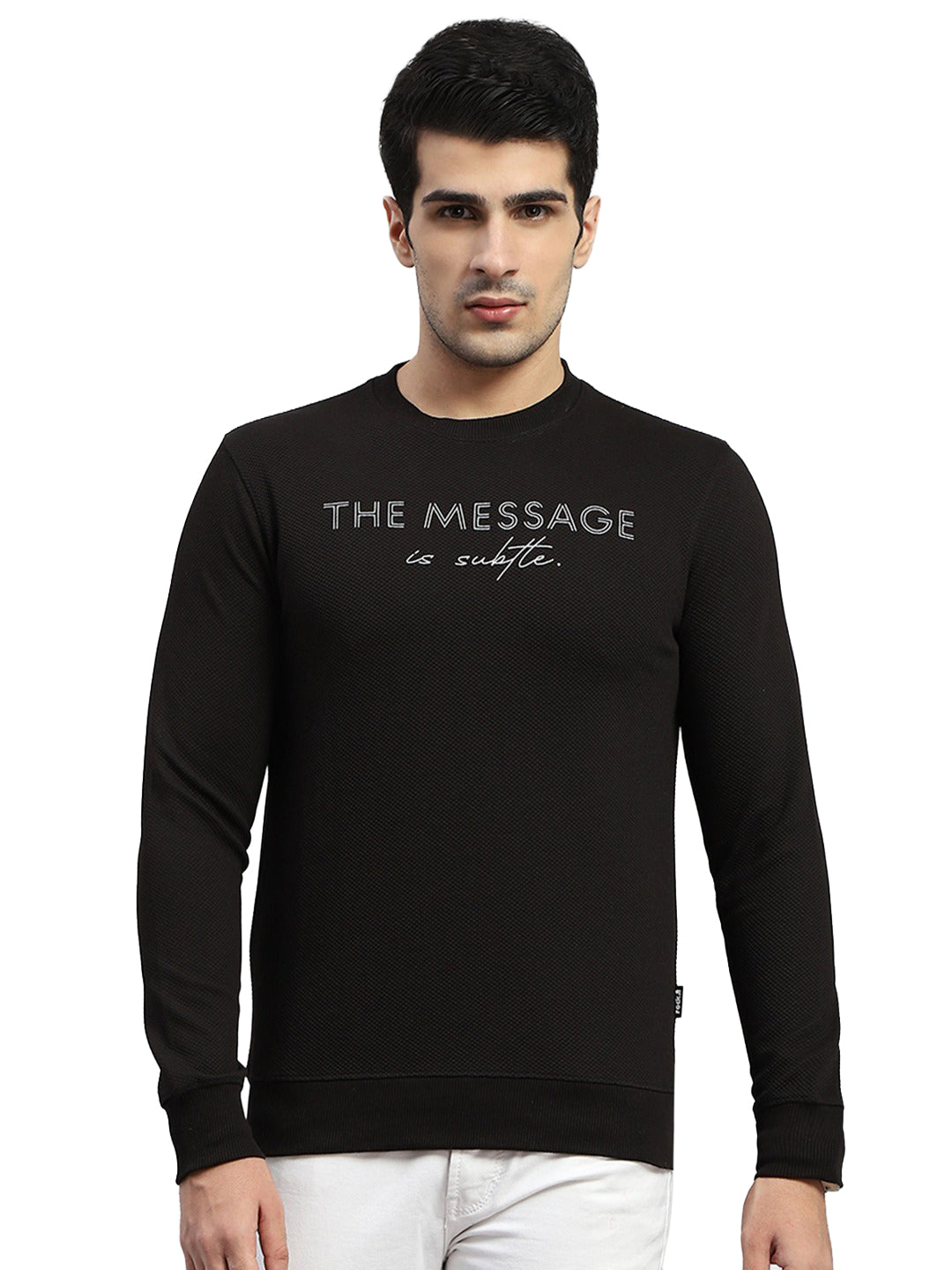 Rock.it Men Black Self Design Round Neck Full Sleeve Sweatshirt