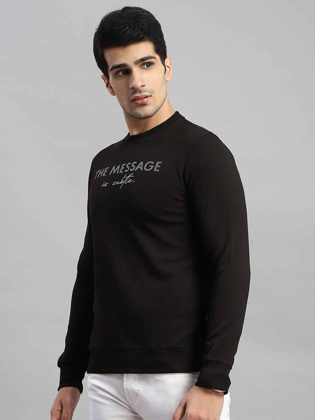 Rock.it Men Black Self Design Round Neck Full Sleeve Sweatshirt