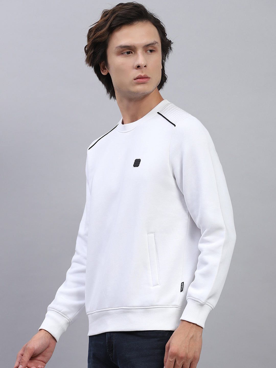 Rock.it Men White Solid Round Neck Full Sleeve Sweatshirt