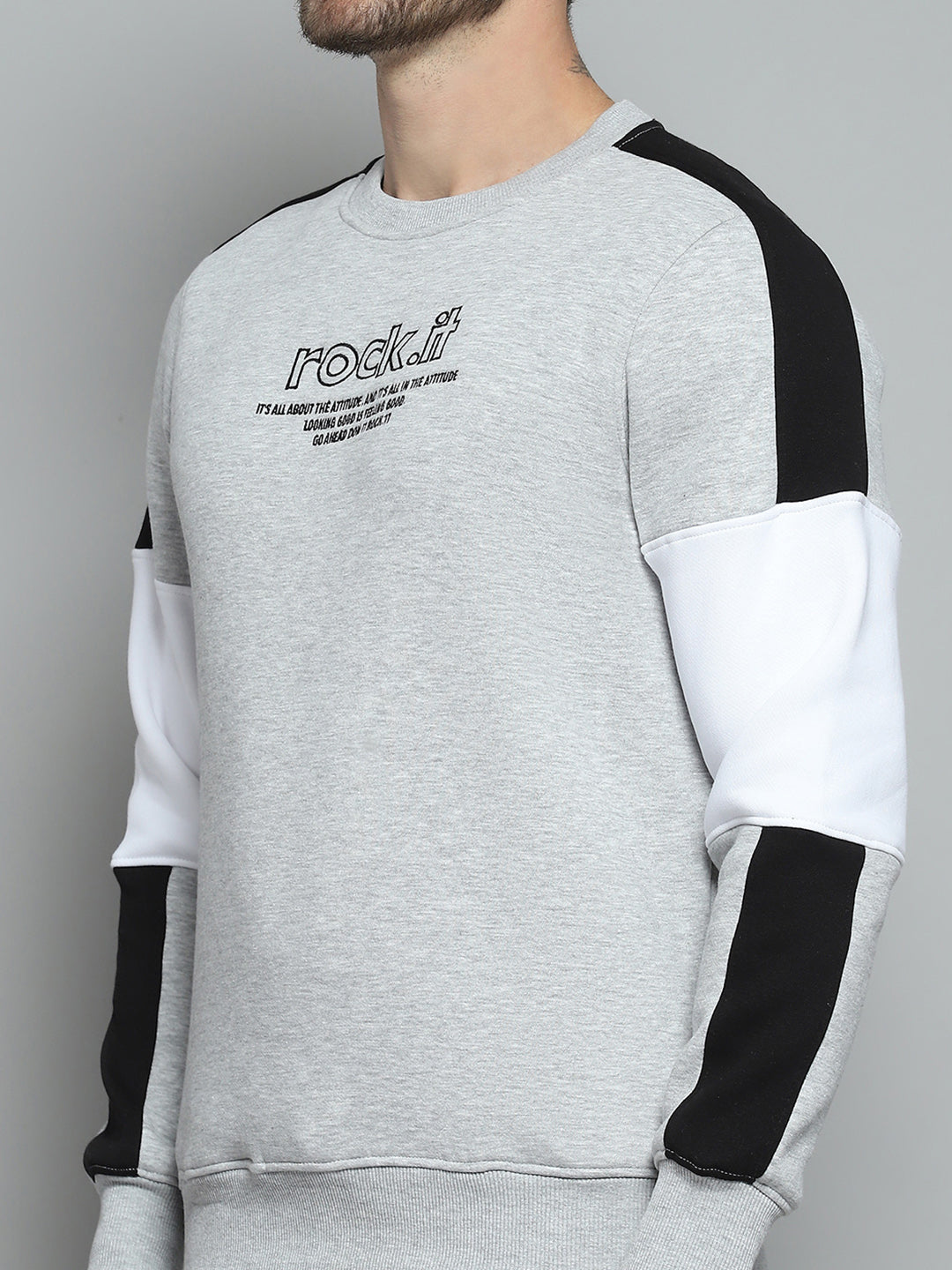 Rock.it Men Grey Printed Round Neck Full Sleeve Sweatshirt