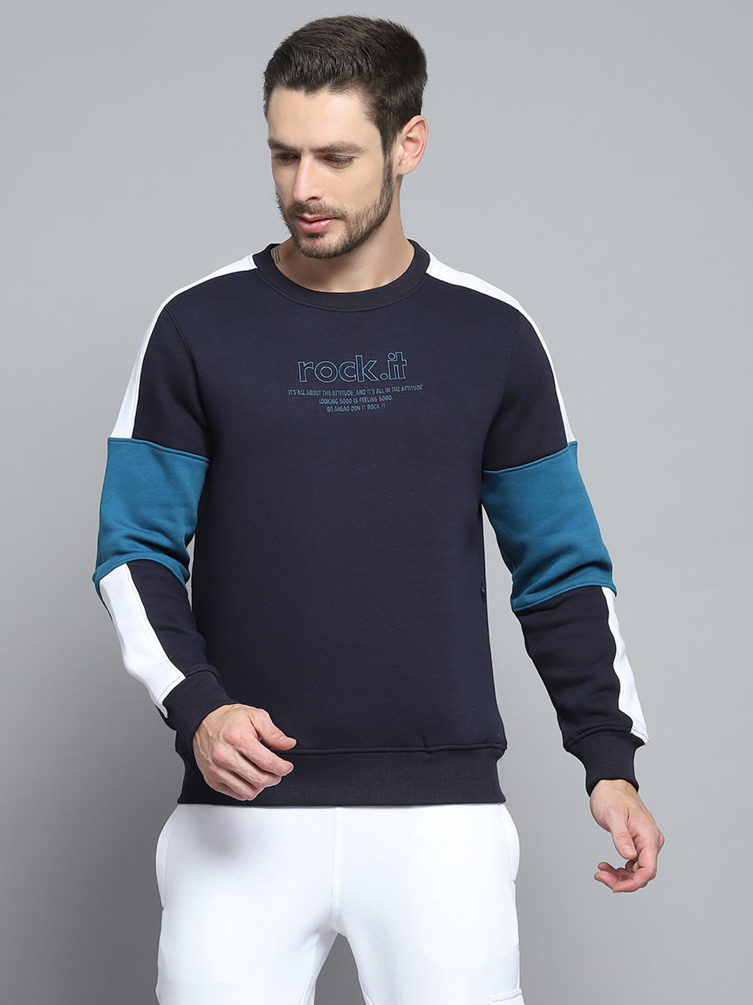 Men's Typography Blue Graphic Printed Round Neck Ribbed Sweatshirt