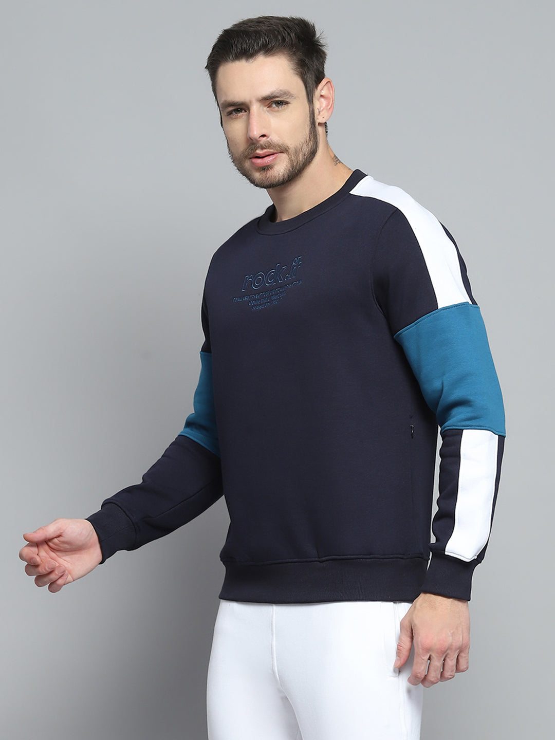 Rock.it Men Navy Blue Printed Round Neck Full Sleeve Sweatshirt