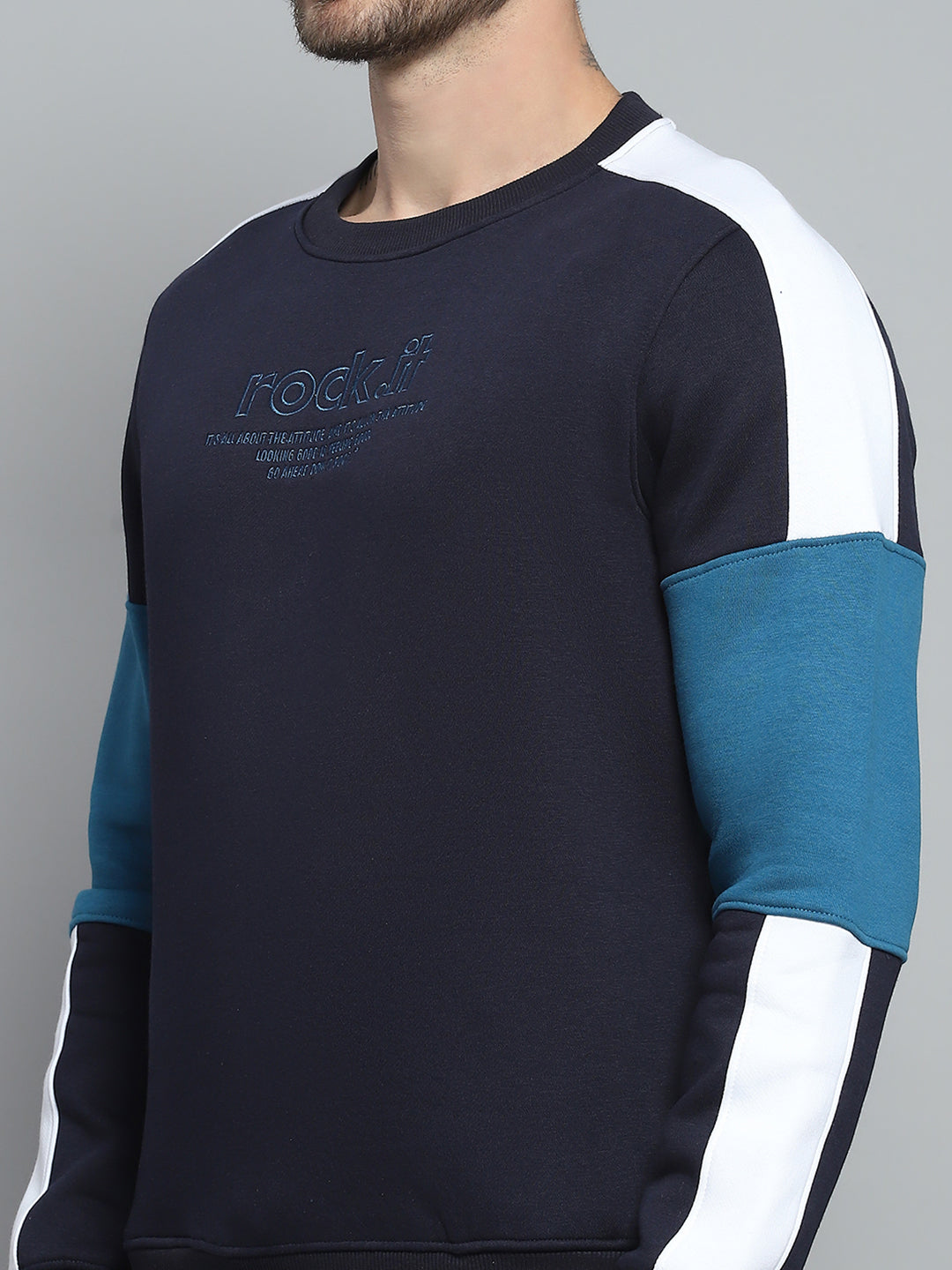 Rock.it Men Navy Blue Printed Round Neck Full Sleeve Sweatshirt