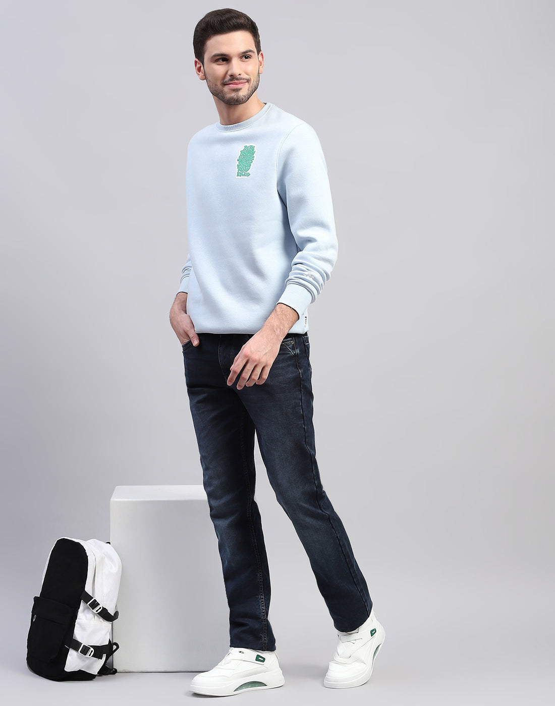 Rock.it Men Sky Blue Printed Round Neck Full Sleeve Sweatshirt