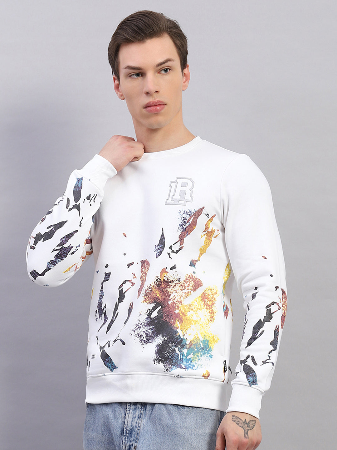 Rock.it Men White Printed Round Neck Full Sleeve Sweatshirt