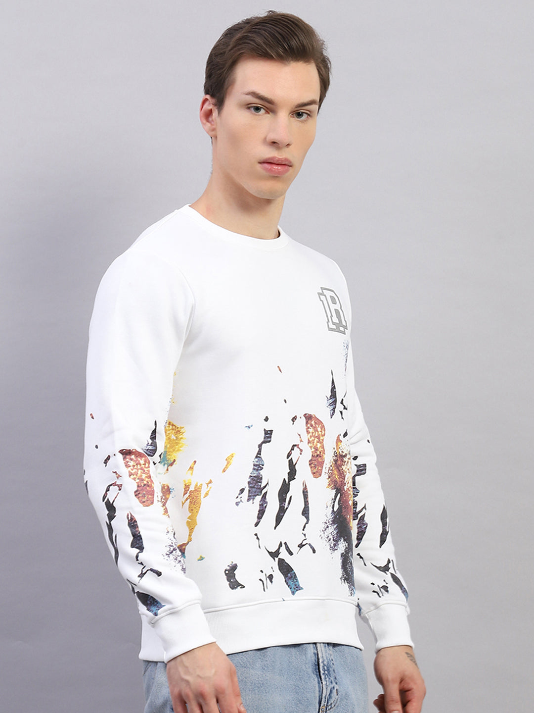 Rock.it Men White Printed Round Neck Full Sleeve Sweatshirt