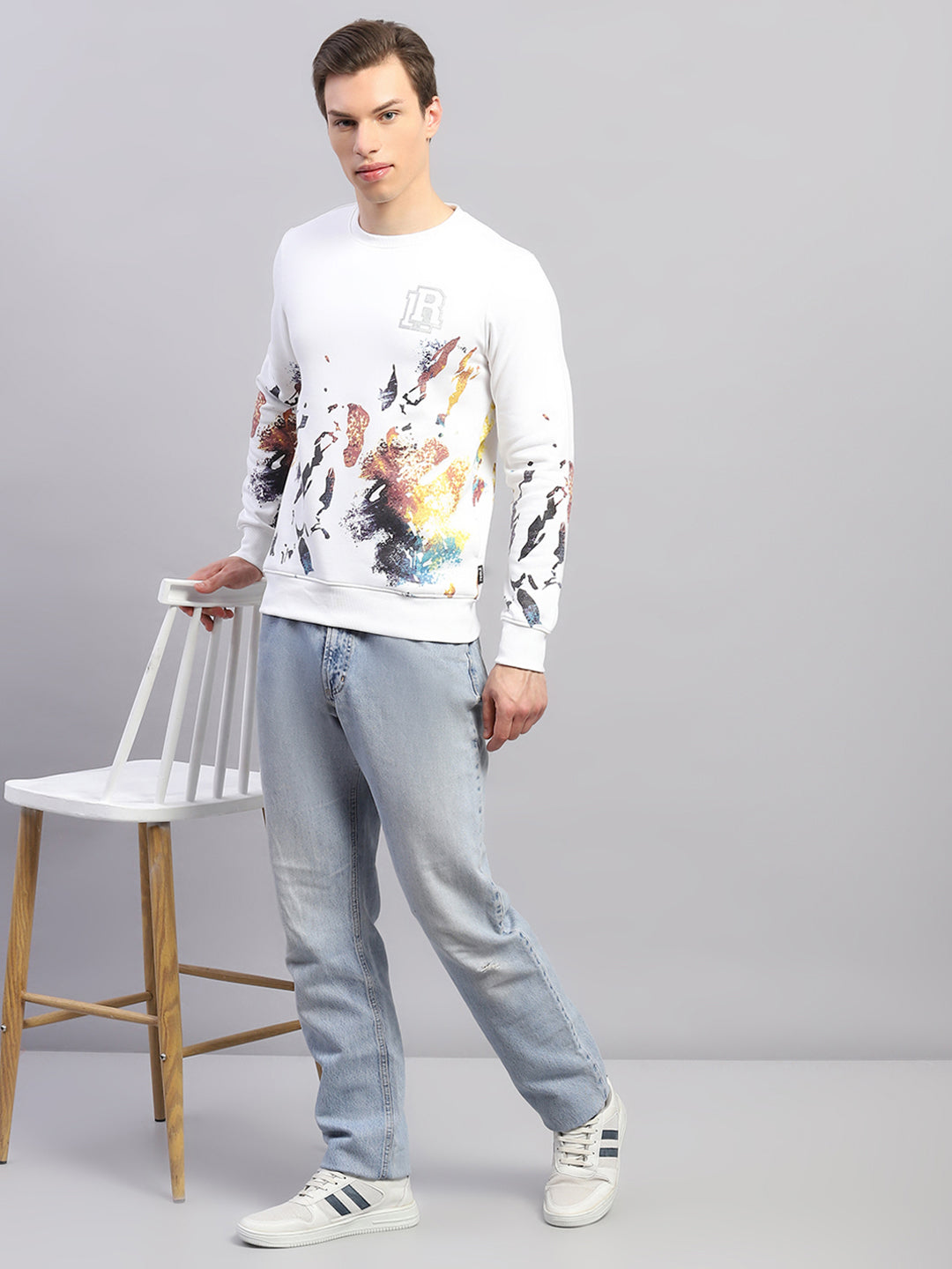 Buy Men White Printed Round Neck Full Sleeve Sweatshirt Online in
