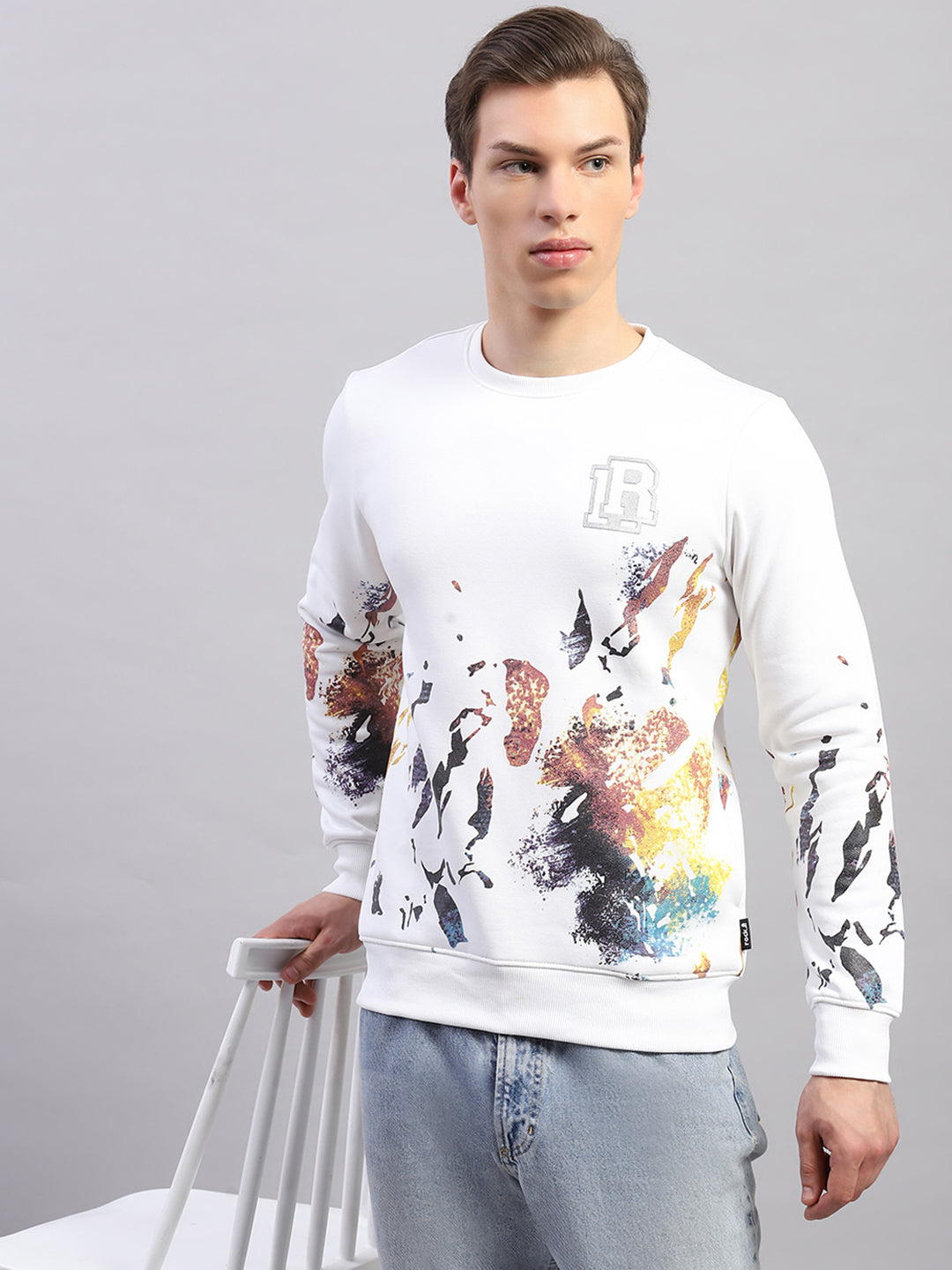 Rock.it Men White Printed Round Neck Full Sleeve Sweatshirt