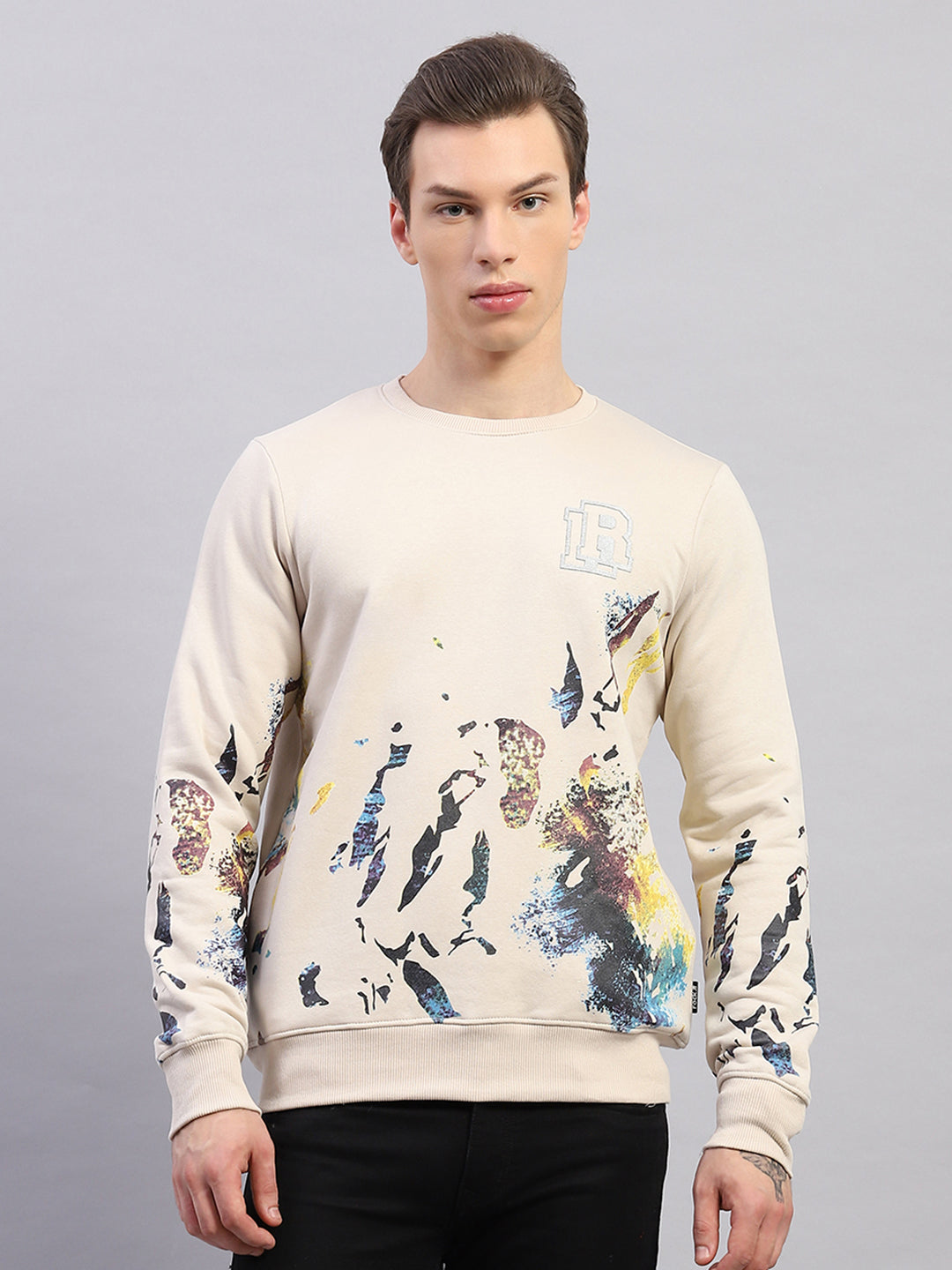 Rock.it Men Beige Printed Round Neck Full Sleeve Sweatshirt