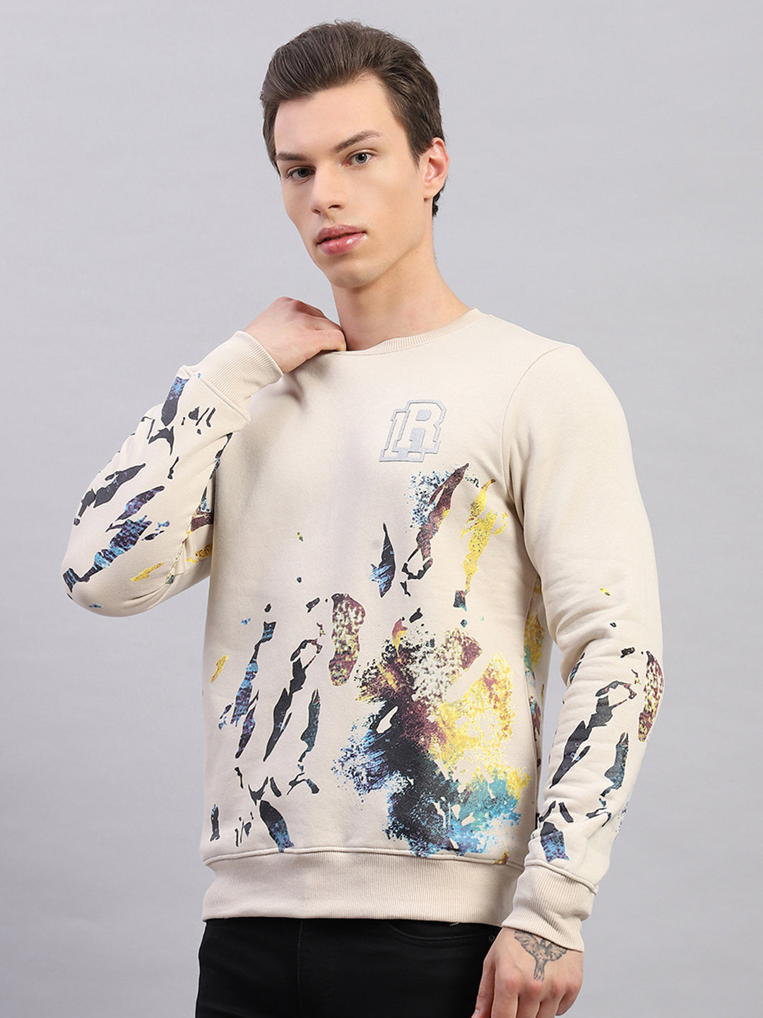 Rock.it Men Beige Printed Round Neck Full Sleeve Sweatshirt