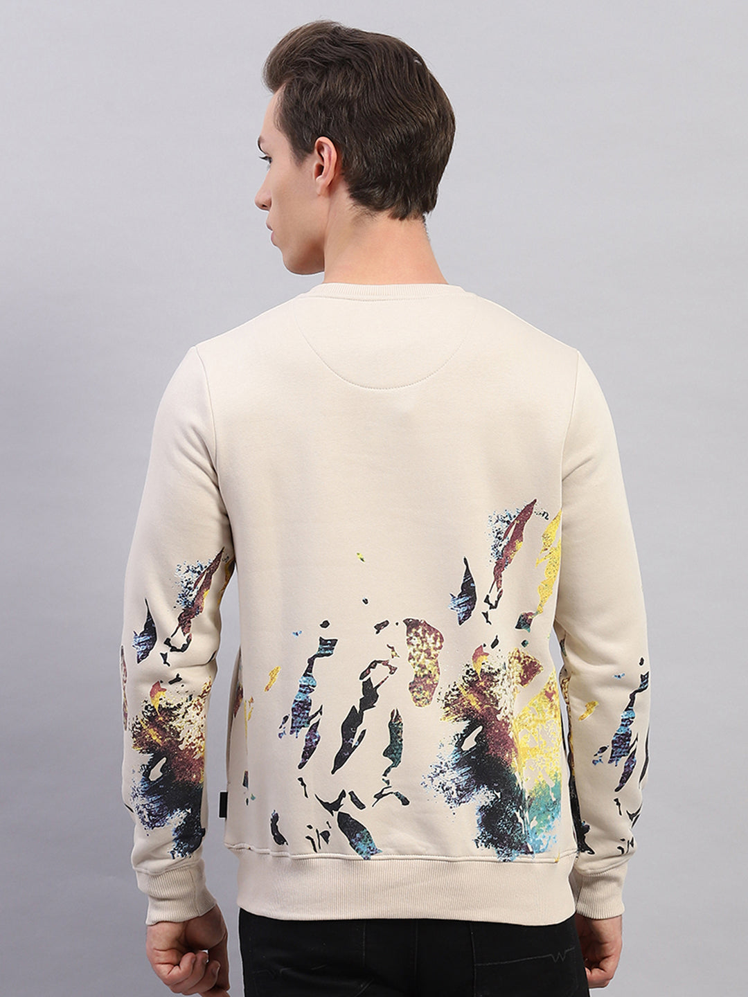 Rock.it Men Beige Printed Round Neck Full Sleeve Sweatshirt