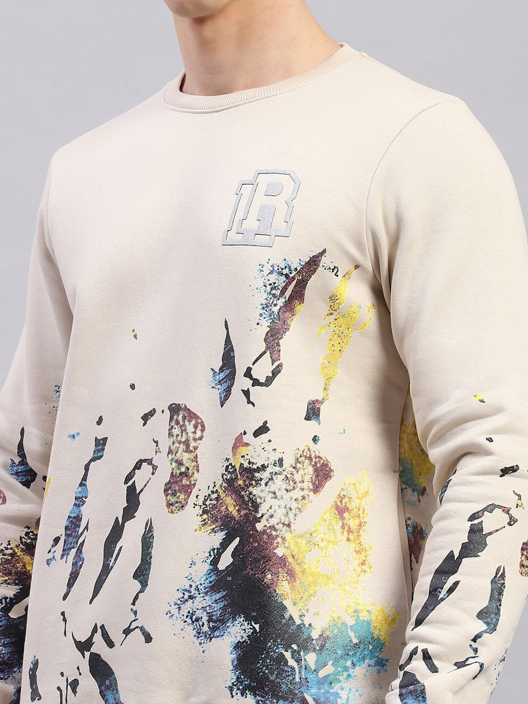Rock.it Men Beige Printed Round Neck Full Sleeve Sweatshirt