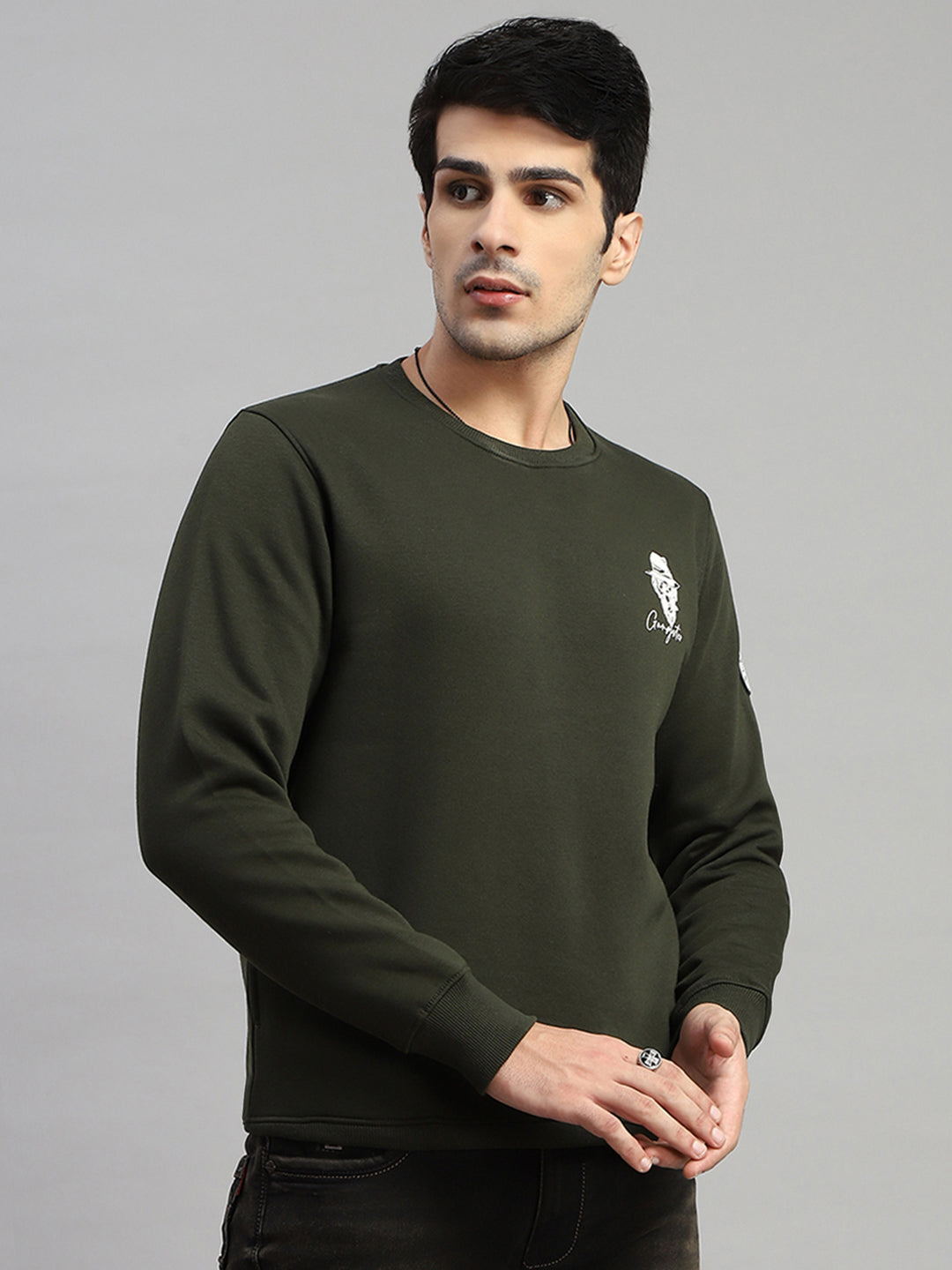 Rock.it Men Olive Printed Round Neck Full Sleeve Sweatshirt