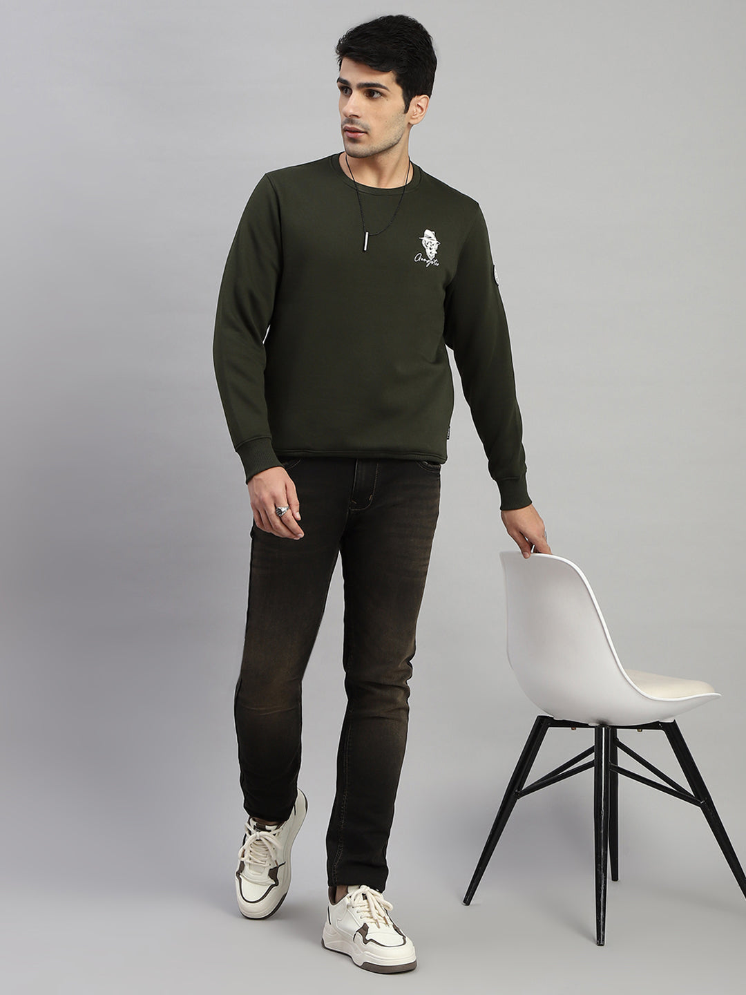 Rock.it Men Olive Printed Round Neck Full Sleeve Sweatshirt