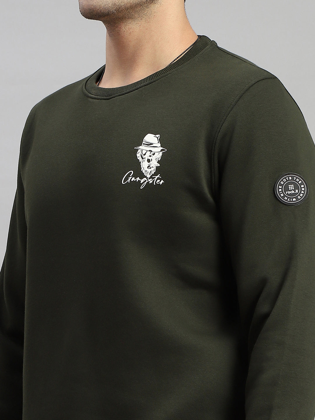 Rock.it Men Olive Printed Round Neck Full Sleeve Sweatshirt