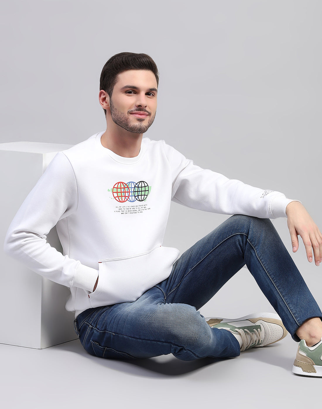 Buy Men White Printed Round Neck Full Sleeve Sweatshirt Online in