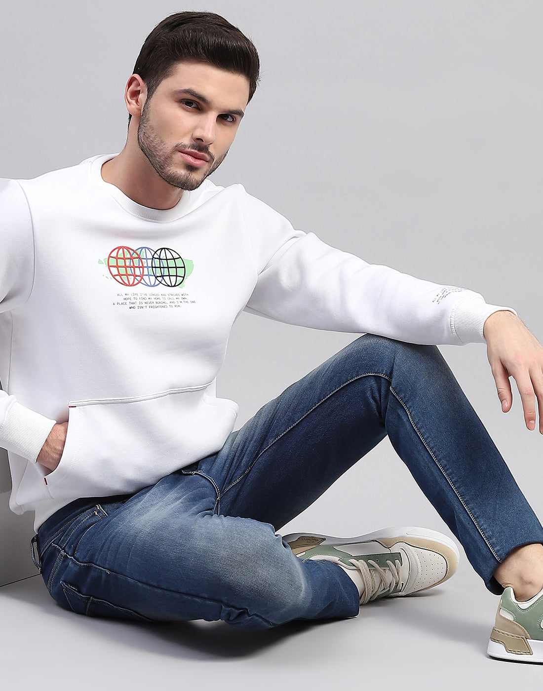 Rock.it Men White Printed Round Neck Full Sleeve Sweatshirt