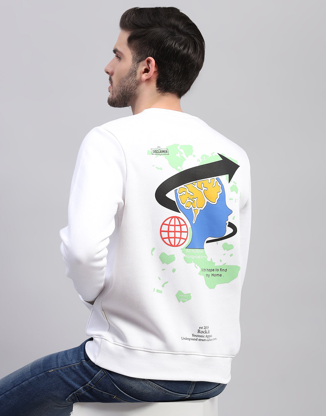 Rock.it Men White Printed Round Neck Full Sleeve Sweatshirt