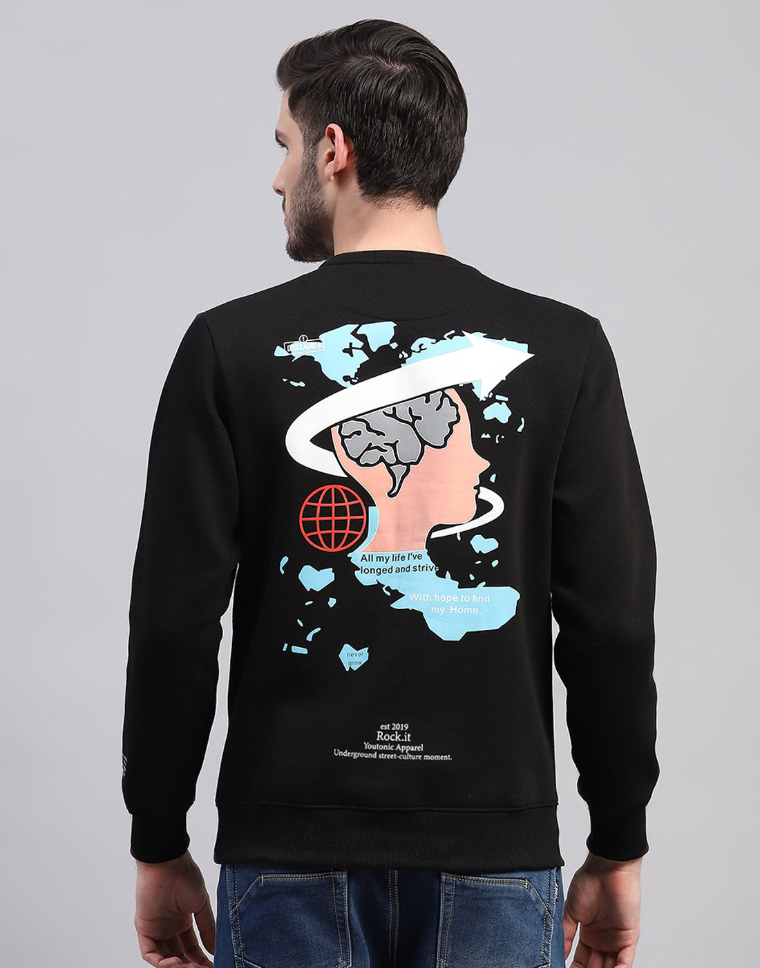 Rock.it Men Black Printed Round Neck Full Sleeve Sweatshirt