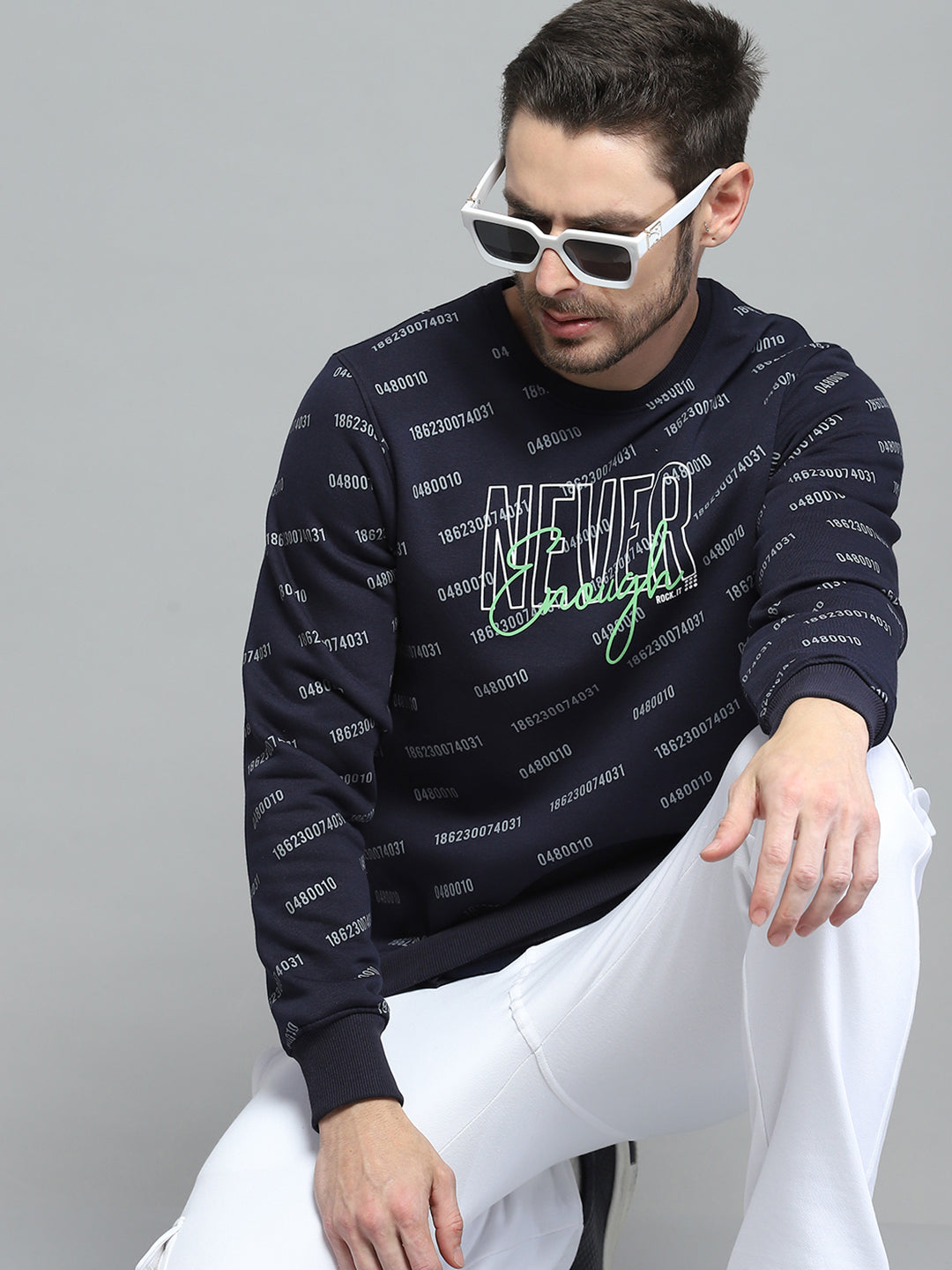 Rock.it Men Navy Blue Printed Round Neck Full Sleeve Sweatshirt