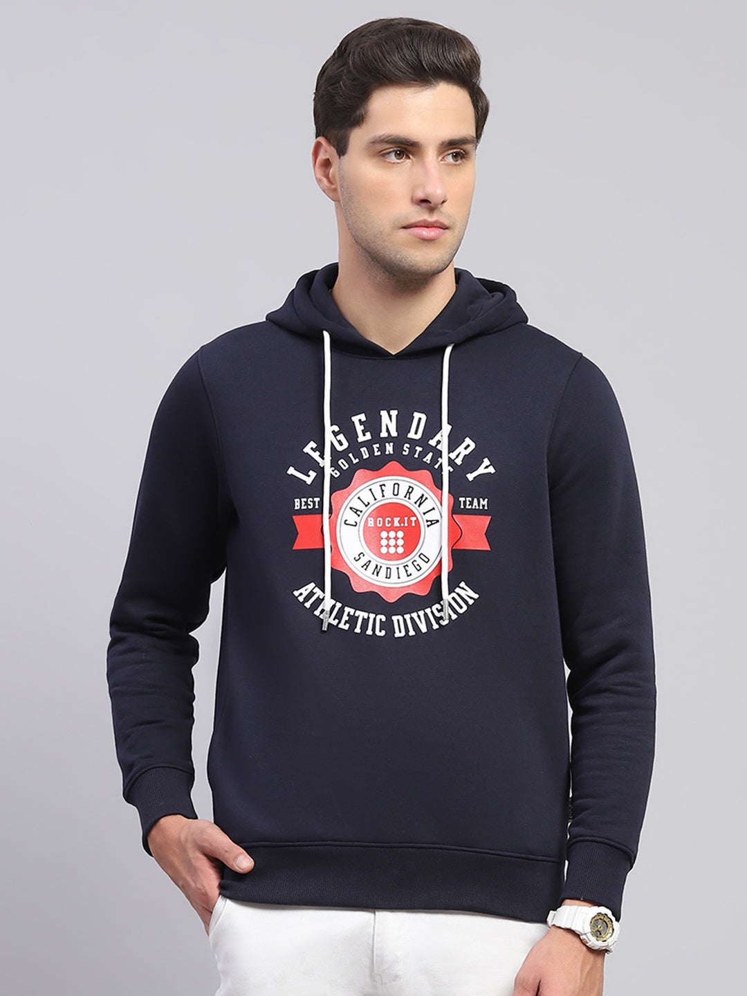 Rock.it Men Navy Blue Printed Hooded Full Sleeve Sweatshirt