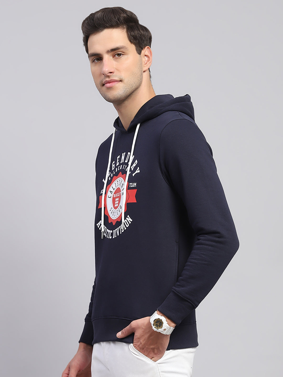 Rock.it Men Navy Blue Printed Hooded Full Sleeve Sweatshirt