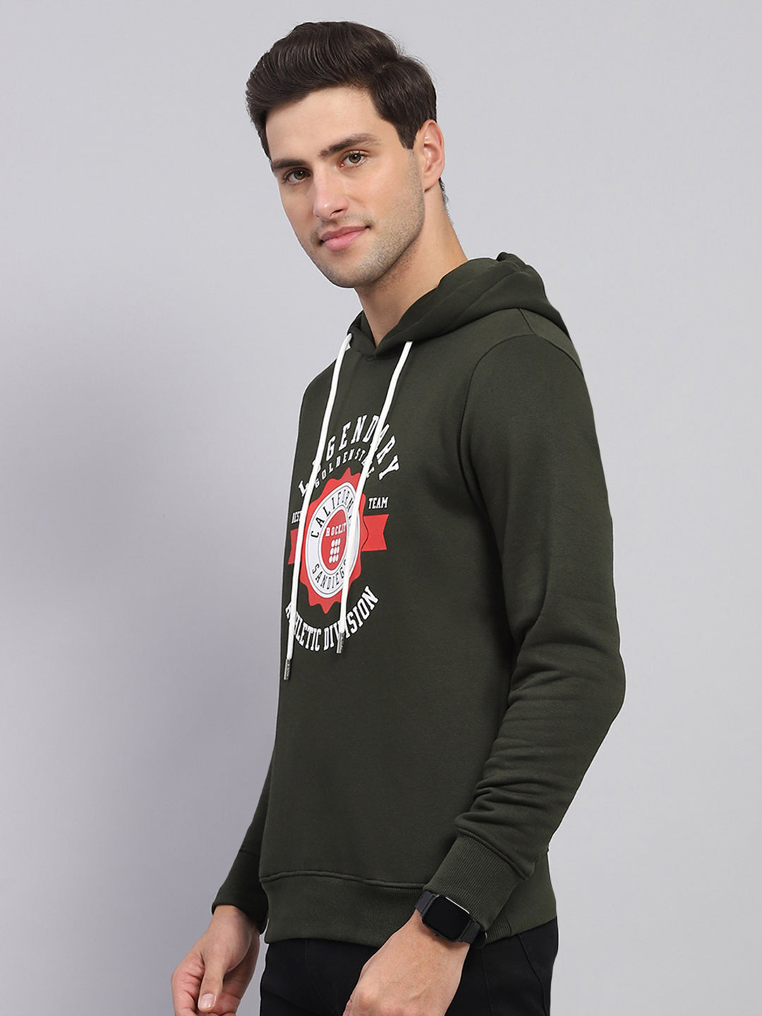 Rock.it Men Olive Printed Hooded Full Sleeve Sweatshirt