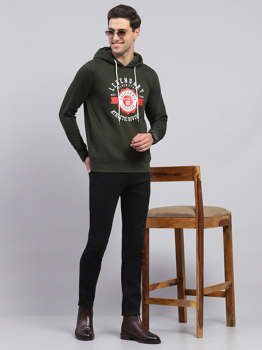 Rock.it Men Olive Printed Hooded Full Sleeve Sweatshirt