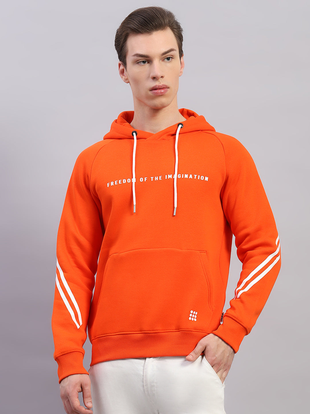 Rock.it Men Orange Printed Hooded Full Sleeve Sweatshirt
