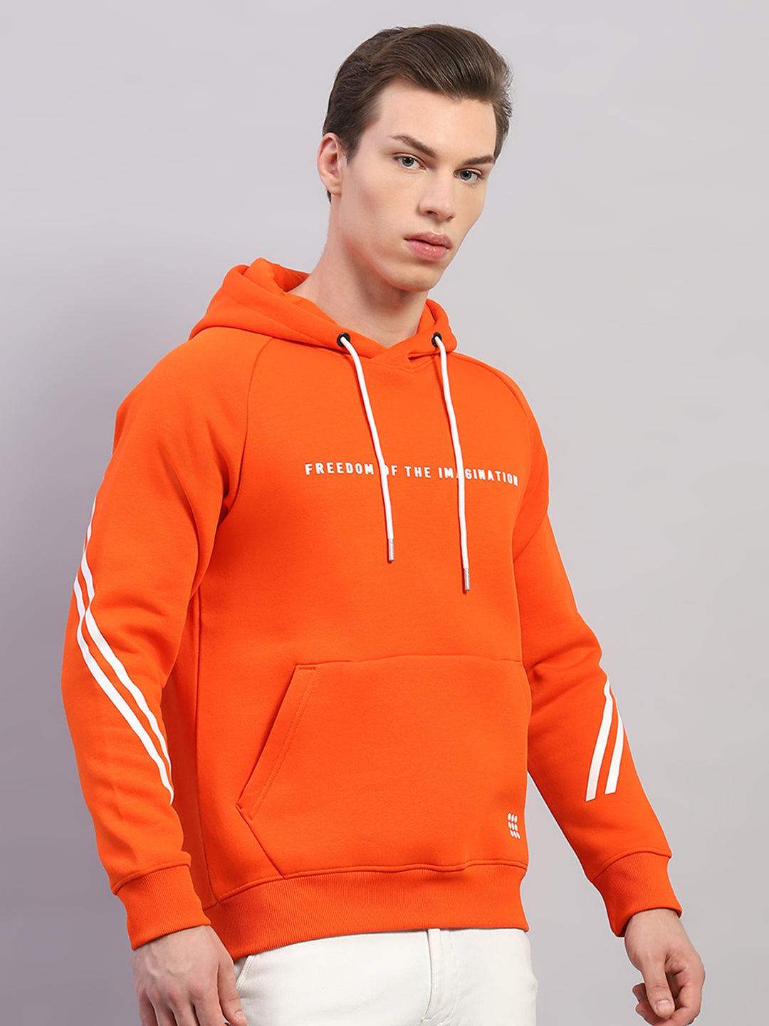 Rock.it Men Orange Printed Hooded Full Sleeve Sweatshirt
