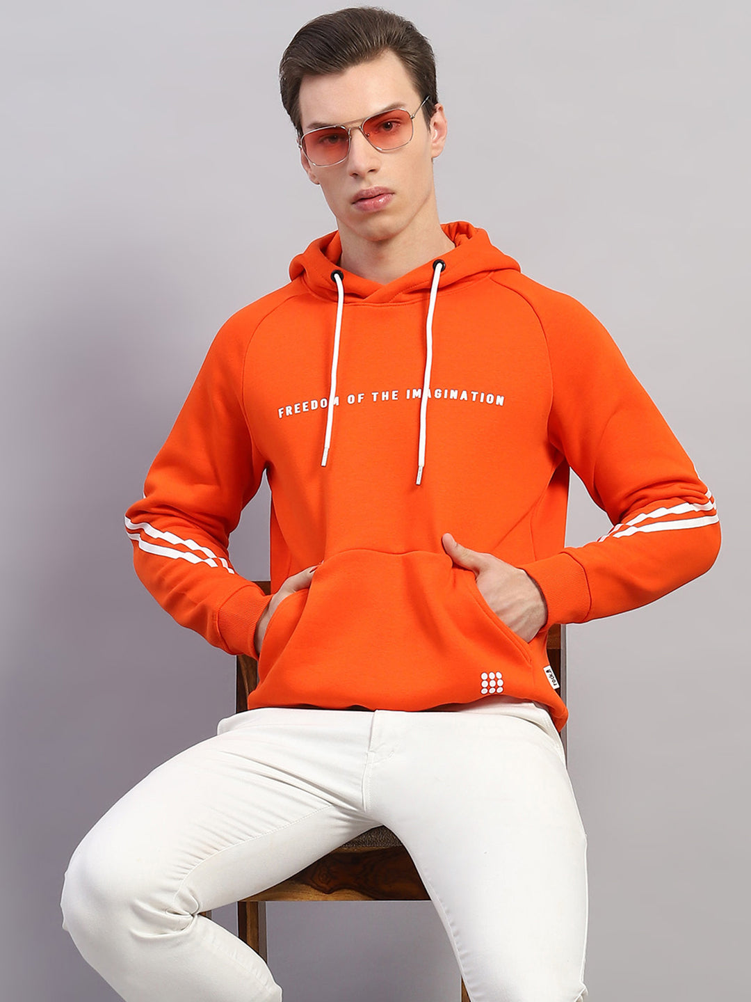 Rock.it Men Orange Printed Hooded Full Sleeve Sweatshirt