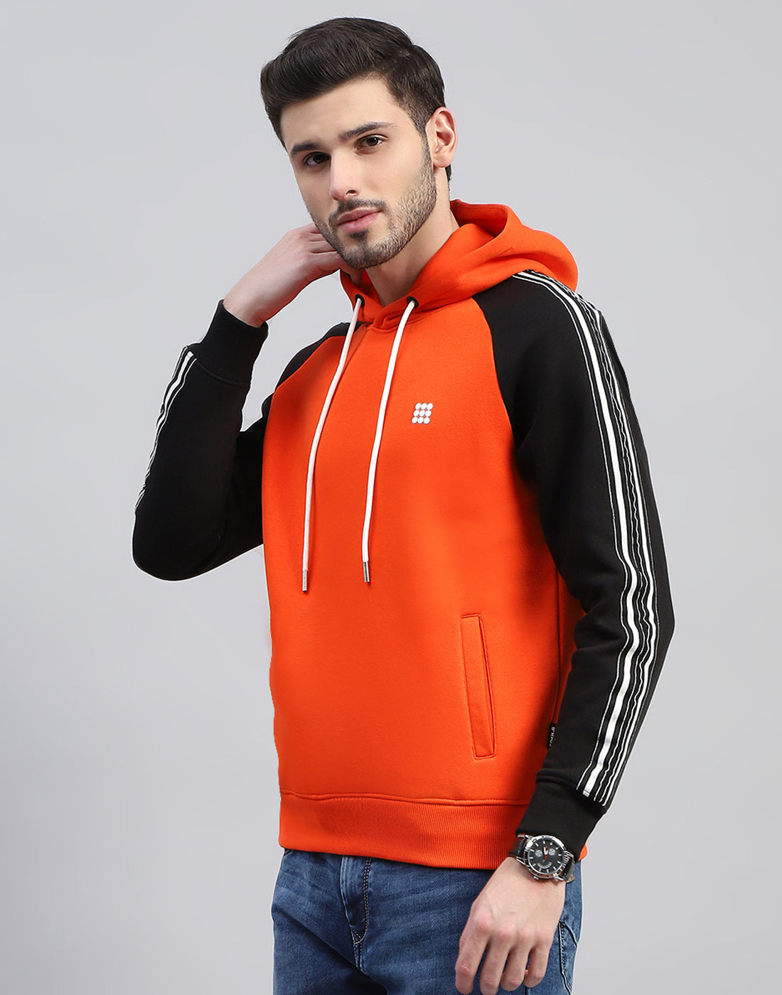 Rock.it Men Orange Solid Hooded Full Sleeve Sweatshirt
