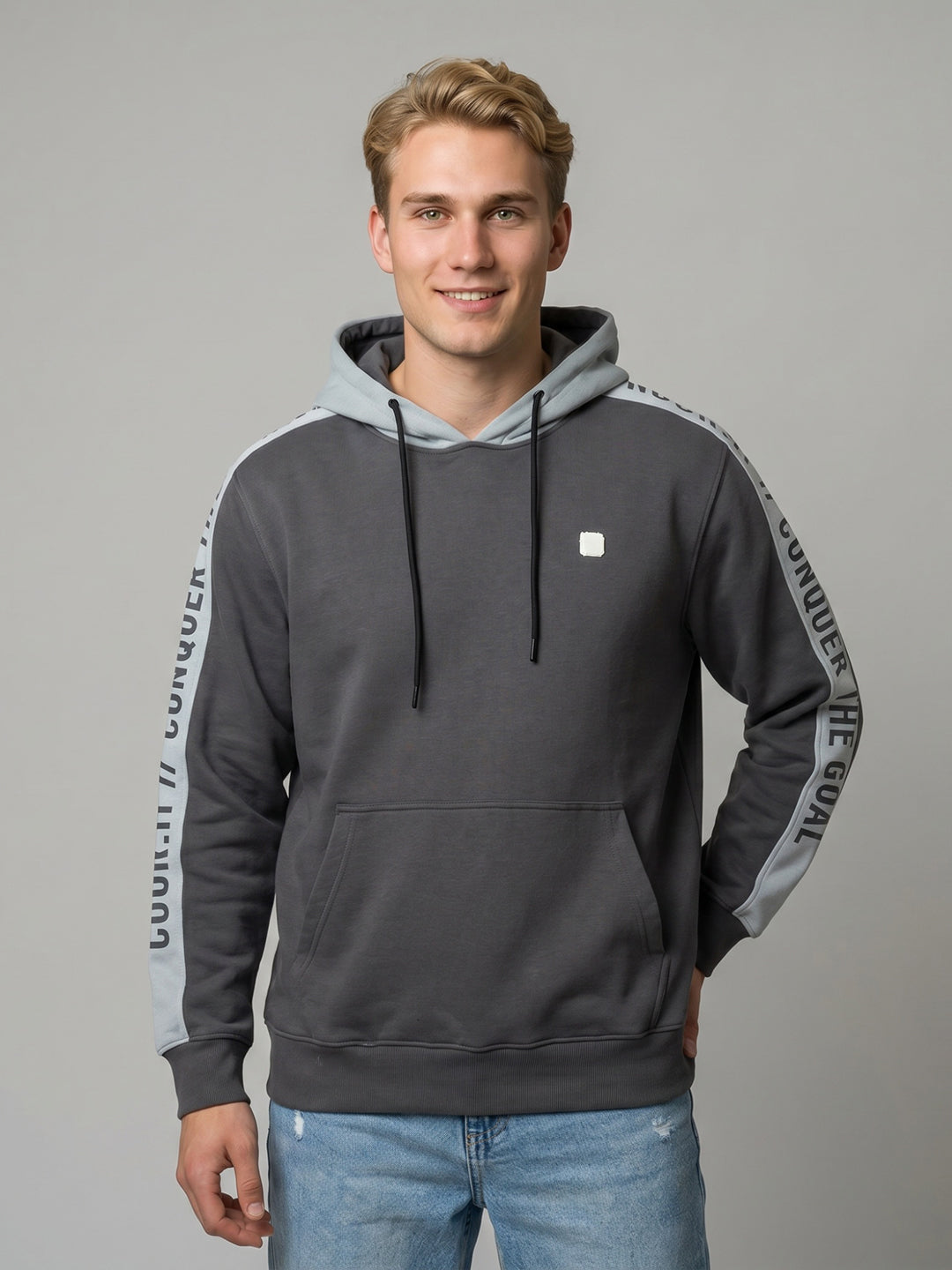 Rock.it Men Charcoal Solid Hooded Full Sleeve Sweatshirt