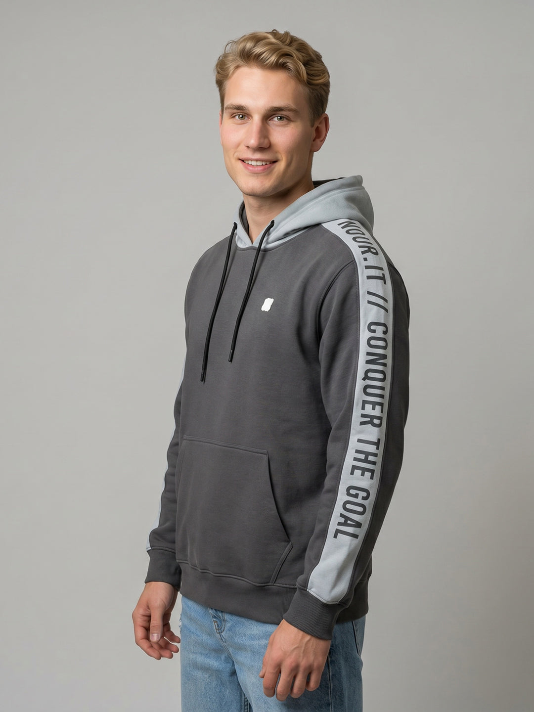 Rock.it Men Charcoal Solid Hooded Full Sleeve Sweatshirt