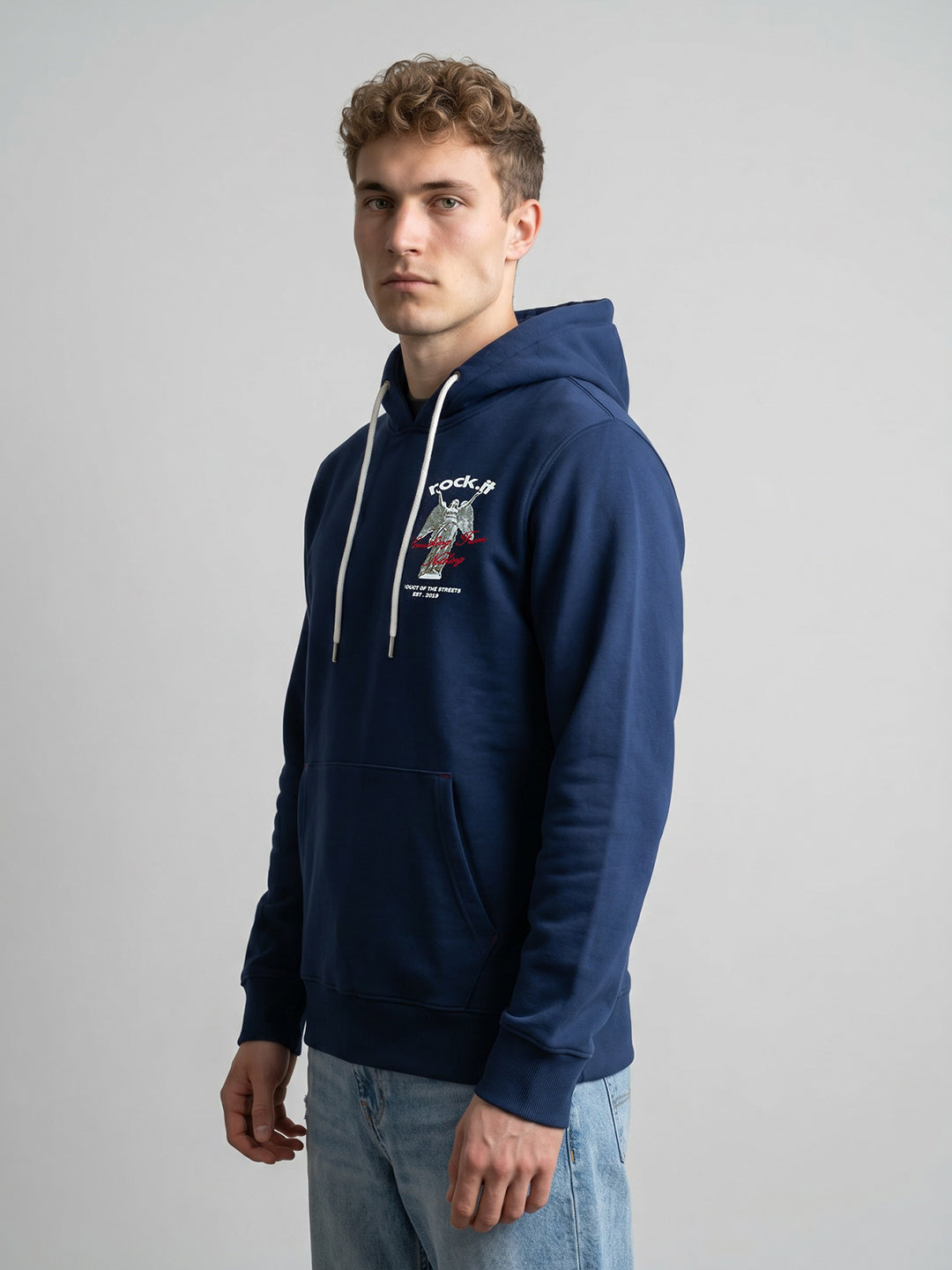 Rock.it Men Blue Back Printed Hooded Full Sleeve Sweatshirt