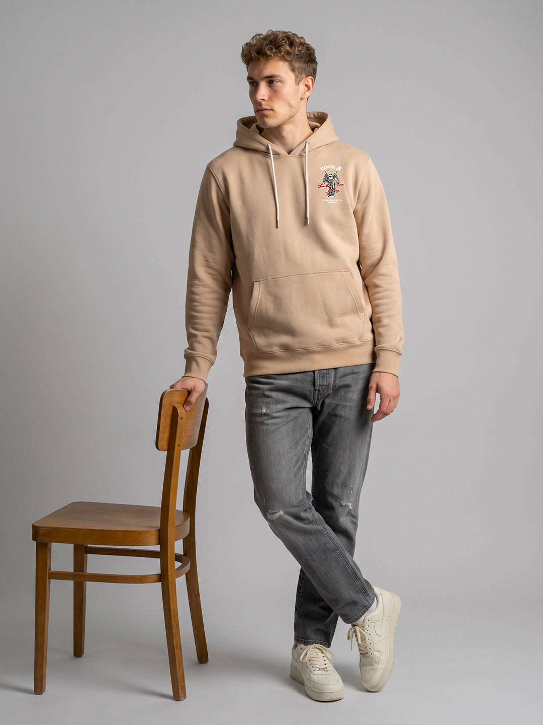 Rock.it Men Beige Back Printed Hooded Full Sleeve Sweatshirt