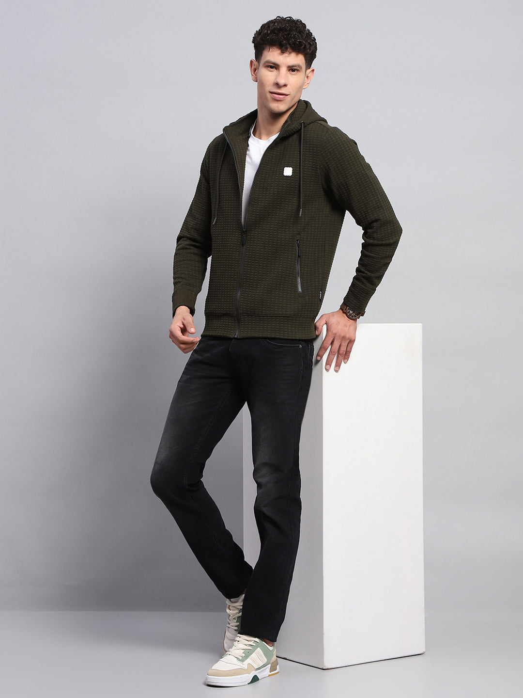Rock.it Men Olive Self Design Hooded Full Sleeve Sweatshirt