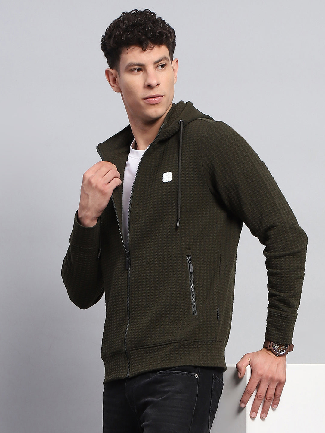 Rock.it Men Olive Self Design Hooded Full Sleeve Sweatshirt
