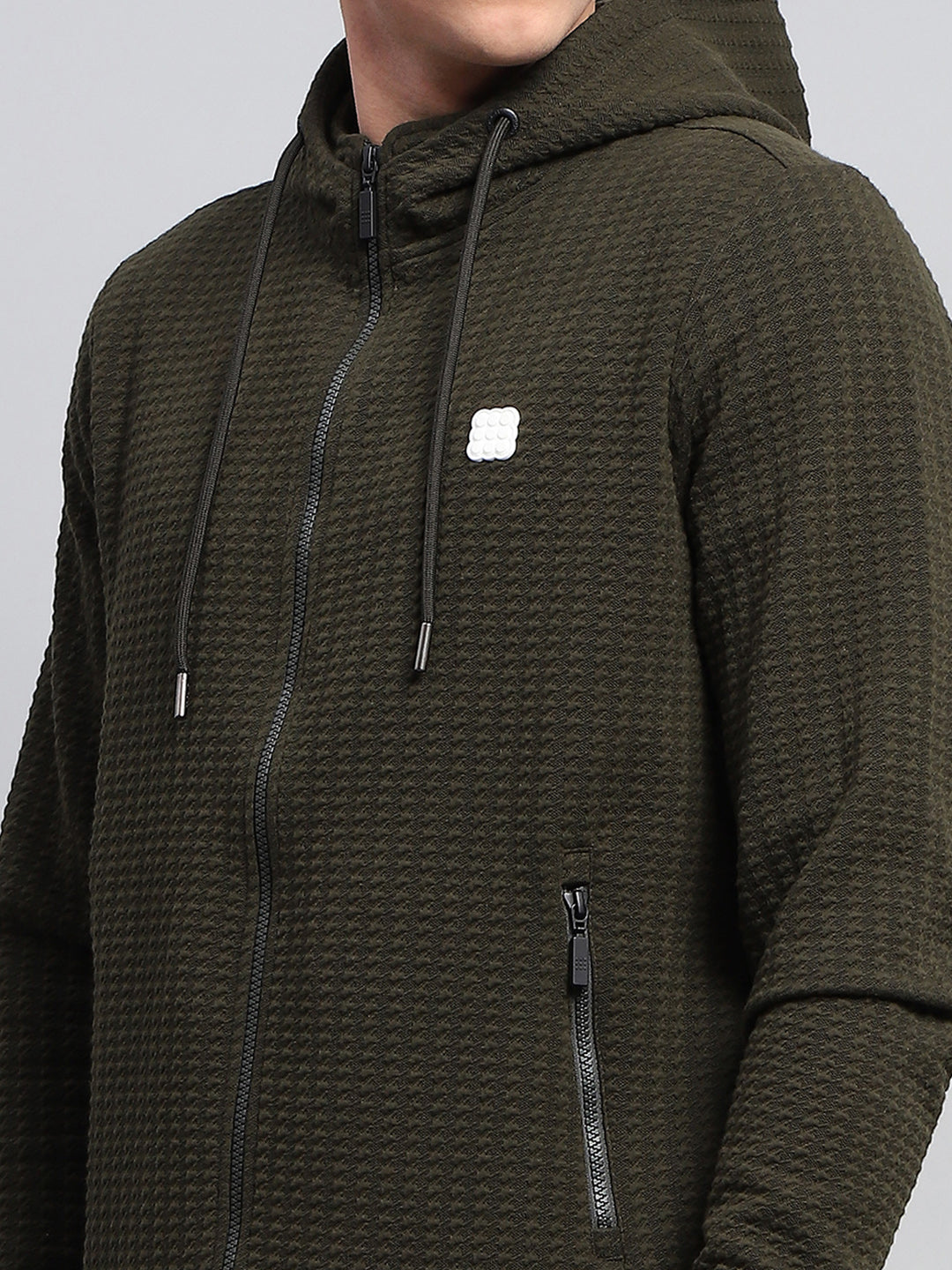 Rock.it Men Olive Self Design Hooded Full Sleeve Sweatshirt