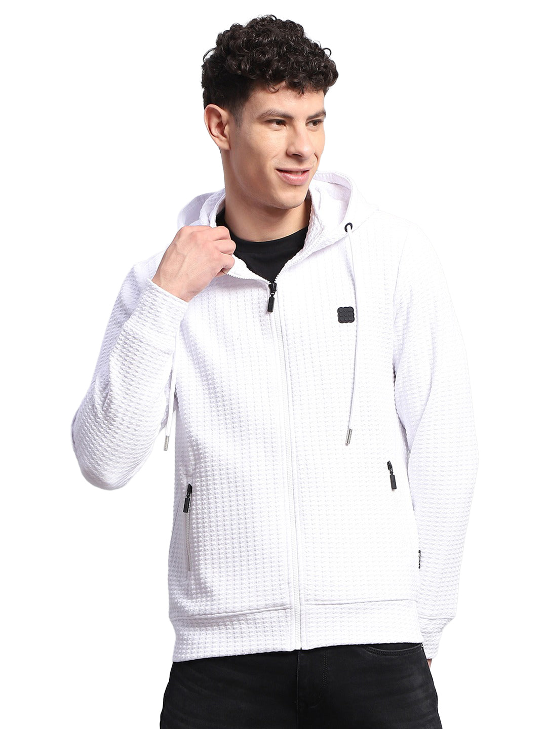 Rock.it Men White Self Design Hooded Full Sleeve Sweatshirt