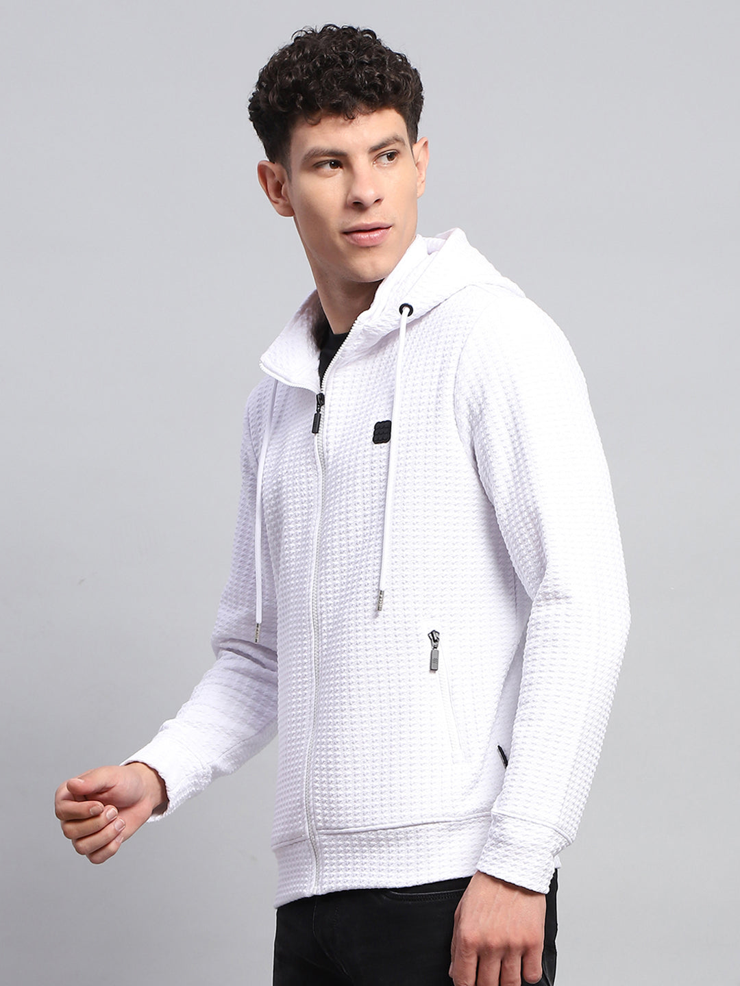 Rock.it Men White Self Design Hooded Full Sleeve Sweatshirt