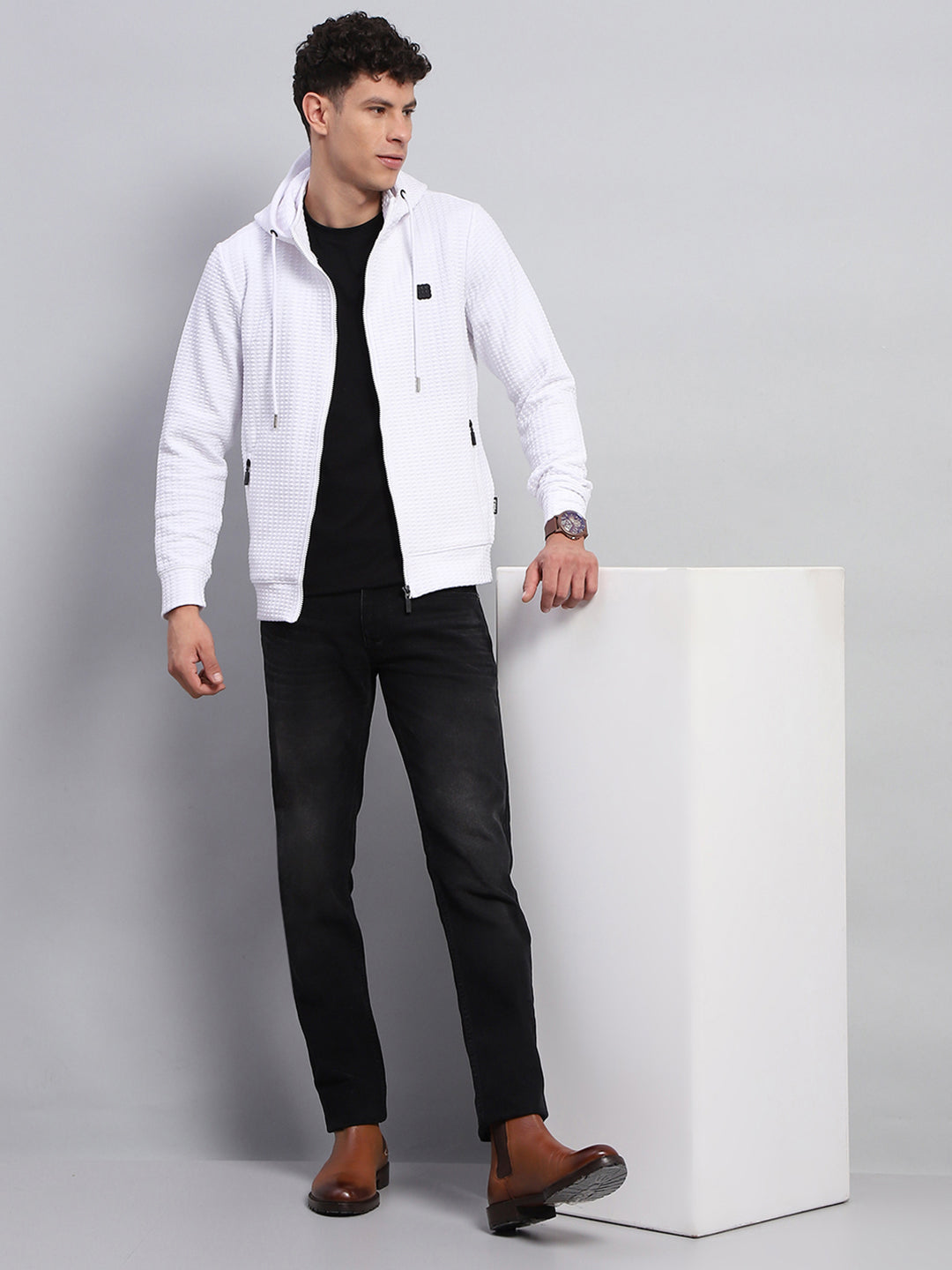Rock.it Men White Self Design Hooded Full Sleeve Sweatshirt