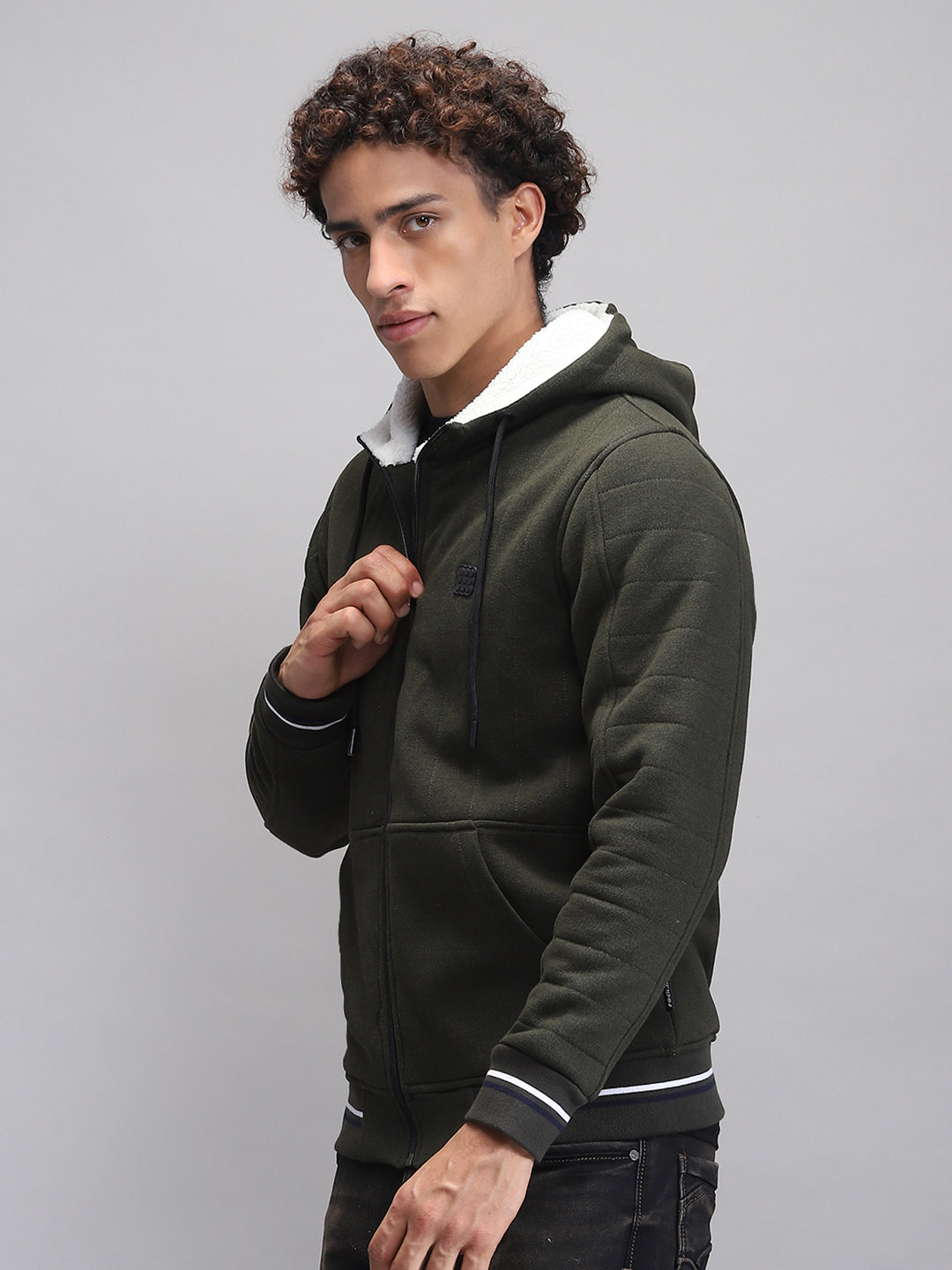 Rock.it Men Olive Solid Hooded Full Sleeve Sweatshirt
