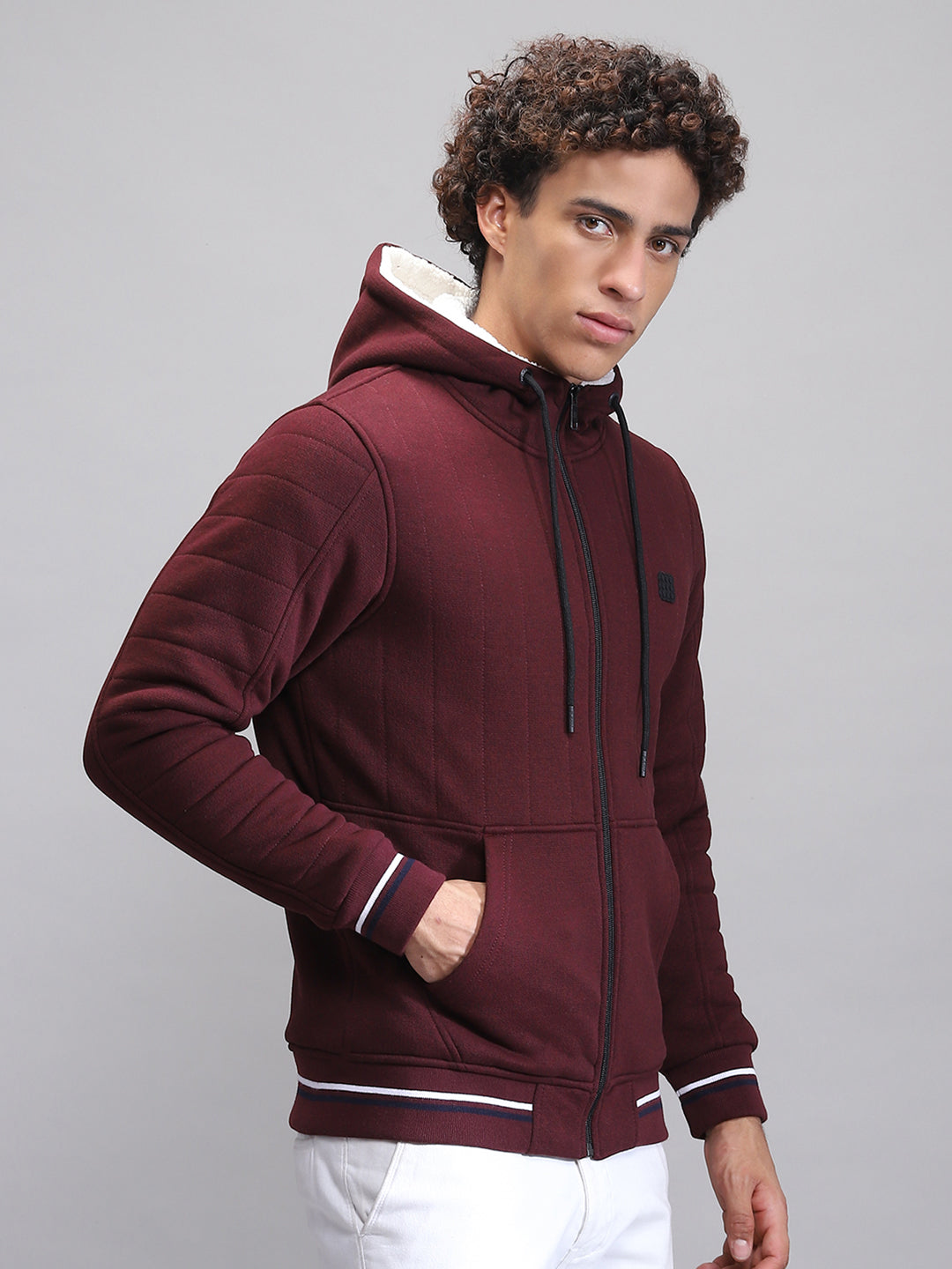 Rock.it Men Maroon Solid Hooded Full Sleeve Sweatshirt