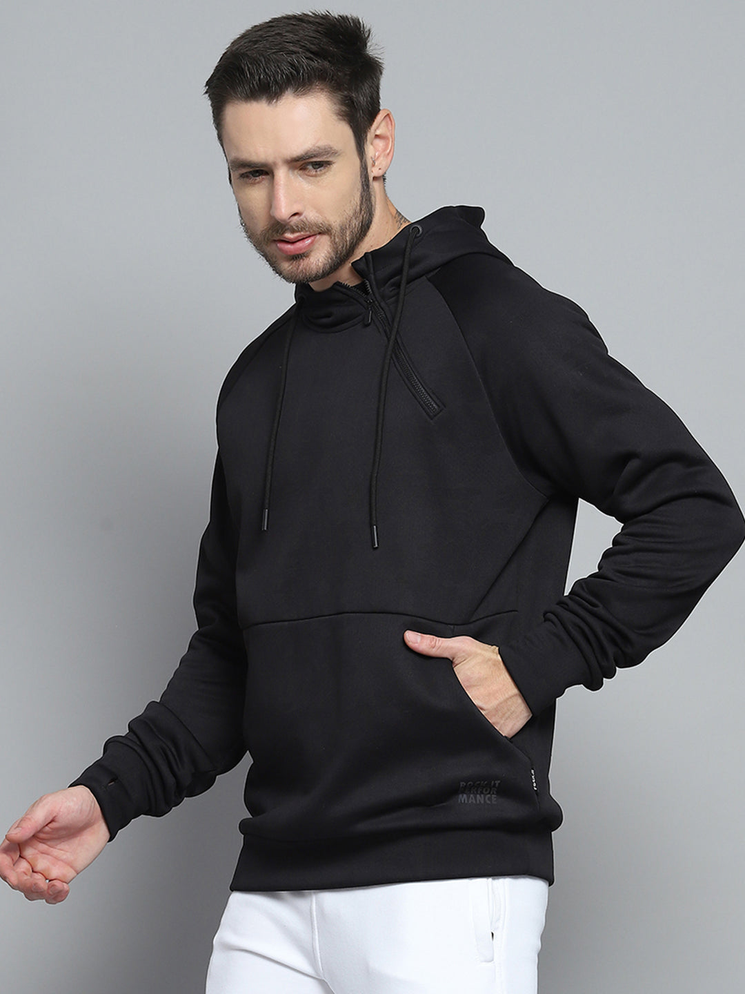 Rock.it Men Black Solid Hooded Full Sleeve Sweatshirt
