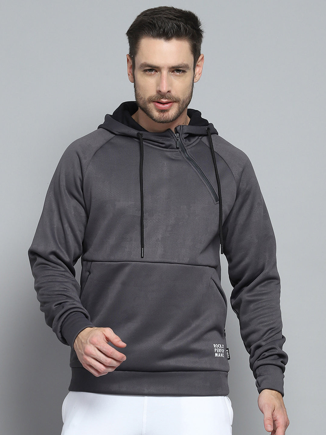 Rock.it Men Grey Solid Hooded Full Sleeve Sweatshirt