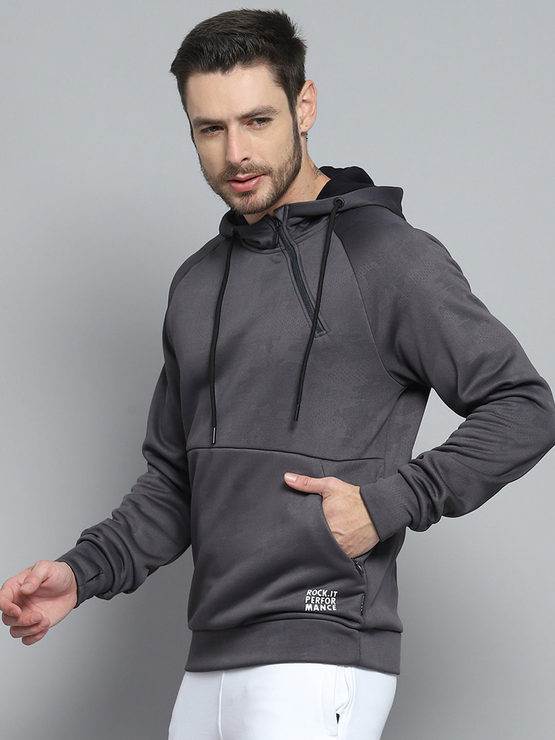 Rock.it Men Grey Solid Hooded Full Sleeve Sweatshirt