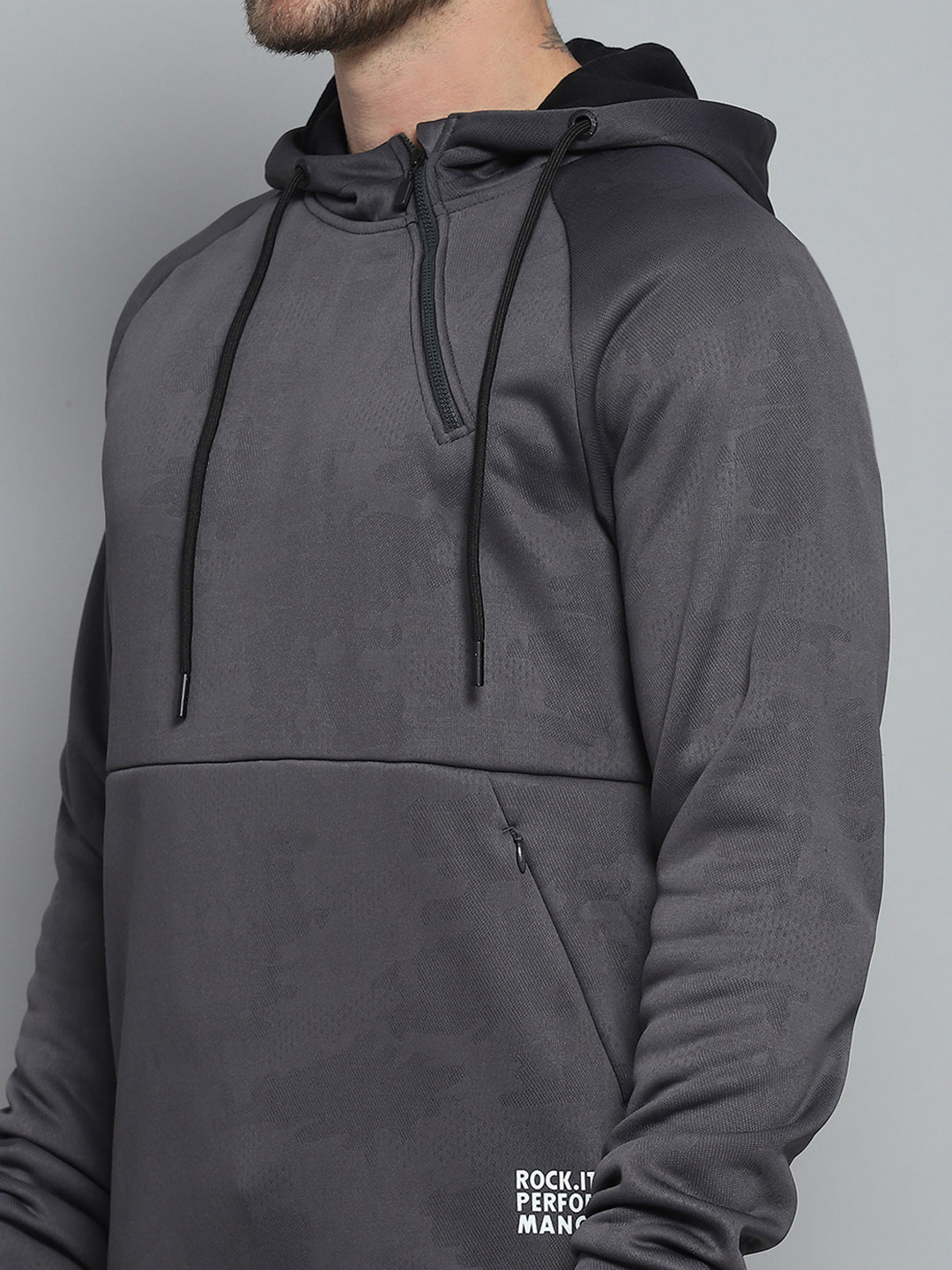 Rock.it Men Grey Solid Hooded Full Sleeve Sweatshirt