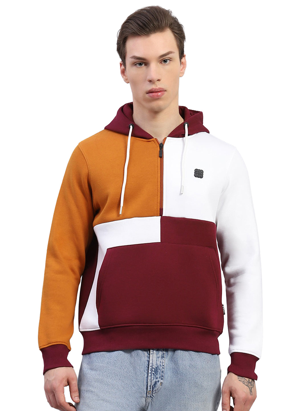 Rock.it Men Maroon Colourblocked Hooded Full Sleeve Sweatshirt